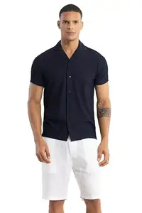 SNITCH Parallel Rib Cuban Collar Self Design Box Fit Shirt Navy