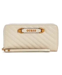 GUESS Women's PU Bone Quilted Sela Large Zip Around Wallet,Beige