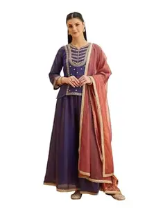 Colors Of Earth Silk Kurti Sharara Set with Dupatta for Women | 3 Piece Embroidery Work Suit Set | Festive Kurti Set