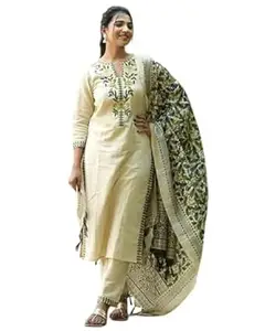 Syuti Women South Cotton Embroidered Kurta with Pant & Dupatta Green