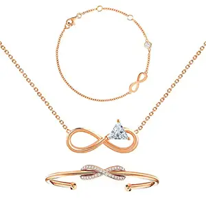 MINUTIAE Austrian Cubic Zirconia Diamond Elegant Stylish Charm Brass Chain Infinity Shaped Jewellery Set for Women & Girls - Rose Gold | Includes Pendant Necklace, Anklet and Kada