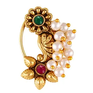 VFJ VIGHNAHARTA FASHION JEWELLERY Vighnaharta Gold Plated with Pearl Alloy and Artificial stone Non Piercing Maharashtrian Nath for women (VFJ1180NTH-Press-Multi)