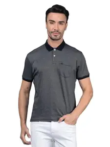 Crimsoune Club Men's Navy Blue Horizontal Stripes Polo Neck T-Shirt (L)