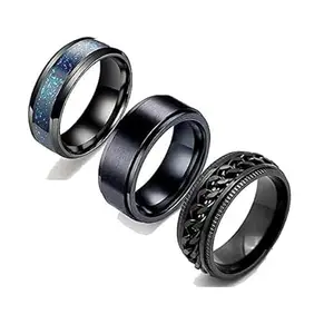 DF Store Black Rings for Men Mens couples gents friends unisex Boys Boyfriend heart love Stainless Steel Stylish Valentine gifts proposal Couple band thumb & Finger Ring Pack of 3 (19)