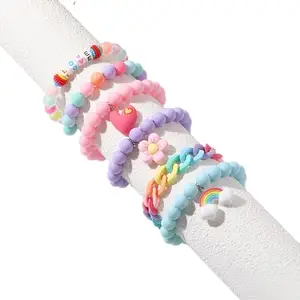 SANNIDHI® 6pcs Beads Bracelet for Girls Women, Kids Acrylic Friendship Bracelet Set, Elastic Cute Rainbow Jewelry, Flower Heart Charms Beaded Bracelets Party Princess Dress Up Gifts