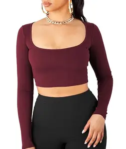 THE BLAZZE Women's Cotton Stylish Western Basic Solid Wear TV Oval Neck with Full/Long Sleeve Crop Top for Women L649 4174 (2XL, MRN)