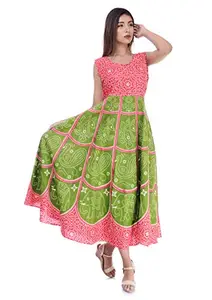 Monique Women’s Fit and Flare Cotton Ethnic Jaipuri Mandala Print Maternity Long Gown Middi Dress (Free Size__Upto 44XL CHUNARIHATHI-RD13_) Red