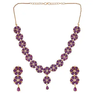 Woman's & Girls Gold Plated Brass Made Designer Stones & Pearl Necklace With Earings (Purple)
