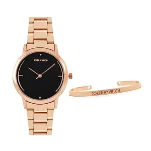 Joker & Witch Stainless Steel Women Adelia Rosegold Analog Watch Bracelet Stack Combo | Black Dial & Gold, Rose Gold Band
