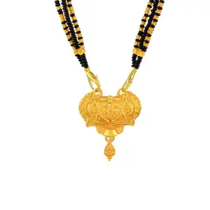 morir Antique Gold Plated Designer Mangalsutra with Engraved Pendant & Black Beads Chain