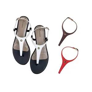 Cameleo -changes with You! Women's Plural T-Strap Slingback Flat Sandals | 3-in-1 Interchangeable Leather Strap Set | White-Brown-Red