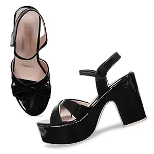 FROH FEET Platform Black Wedges High Heel Fashion Sandal for Casual, Outdoor, Party and Holidays