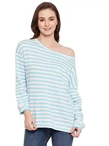 Chill Winston Women's Sky Blue & White Off Shoulder Knit Jumper Long Sleeve Pullover Stripe Sweater