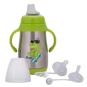 Adore Pro Gypsy 3 Stage Double Wall Insulated Stainless Steel Feeding Bottle with Handle Convertable to Baby Sipper and Spout - 280ml (Green)
