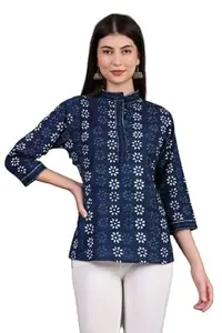 UHN Creation Stylish and Beautiful Floral Printed Regular TOP | Manderin Neck Three Quarter Sleeve in Jaquard Fabric | Casual WEAR for Women