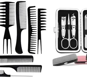 Khelni 10 Pieces Hair Comb Set & 7-in-1 Manicure Pedicure Kit, Rat Tail Comb, Wide Tooth Comb, Detangling Comb, Hair Brush Comb, Barber Combs for All Hair