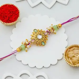 eCraftIndia Beautiful Floral Rakhi for Brother | Raksha Bandhan Designer Rakhi for Bhaiya Bhabhi Bhai Kids | Roli Chawal Pack