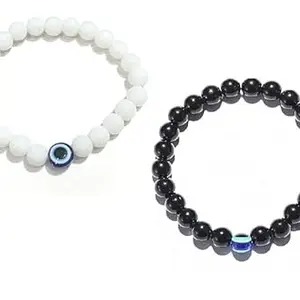 malascollection Evil Eye Hand Bracelet for Luck Bringing and Protection, Jewelry and Gift for Women, Men, boys, couple -Charm wristband - black & white Beads (Pack of 2)