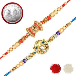 De Marquis 2 Designer Rakhi Sets |1 Laxmi-Ganesh Pooja Coin | DT-08494 Pearl, Kundan, Mauli Thread Rakhee for Brother | Roli-Chawal | Best Wishes Greeting Card (Pack of 2 Rakhees)