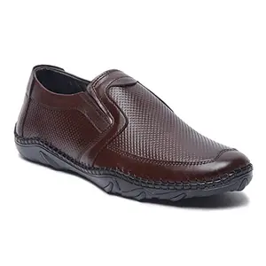 MUTAQINOTI Men's Brunette Brown Genuine Leather Shoe Slipon Air Light Cushioned Handcrafted Front Weaved Formal Shoes for Men Officewear (Size-9 UK) (AXFWBB)