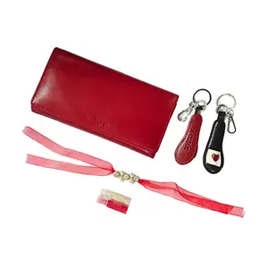 Sassora Red Genuine Leather Ladies RFID Travel Wallet, Keychain and Rakhi Combo Set(SSRA7 Gift-for Her)