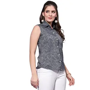 OOMPH! Women's Viscose Rayon Geometric Print Shirt with Collared Neck and Sleeveless