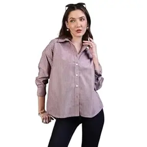 Urbano Fashion Women's Cotton Full Sleeve Oversized Fit Casual Striped Shirt with Spread Collar