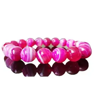 RRJEWELZ Natural Magenta Banded Agate Round Shape Smooth Cut 10mm Beads 7.5 inch Stretchable Bracelet for Healing, Meditation, Prosperity, Good Luck | STBR_05118
