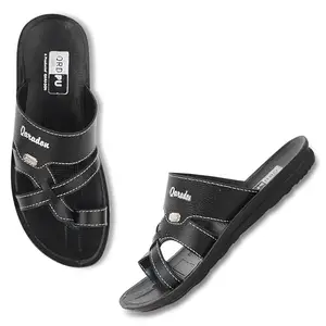 FOOTZONE (QARADON) Men's Ethnic Slip-On Slippers | Toe Ring Design | Stylish Lightweight Flip Flops in Durable Synthetic Black Leather | Anti-Skid Chappals | UK Size 7 (Medium Fit), Classic Black
