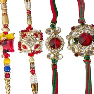 Raksha Bandhan Bhaiya bhabhi family couple kids rakhi, Stone Beads Pearls Designer Rakhis with Roli Chawal Pack set of 4
