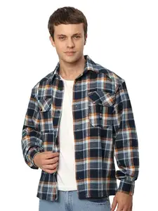 Beyoung Navy Blue Recycled Check Flannel Shirt for Men