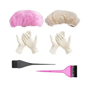 BlackBoss Dye Brush Large & Small 2PCS, 2X Reusable Elastic Shower Cap And 2X Gloves For Hair Dyeing and Bleaching Pink (Pack Of 6)