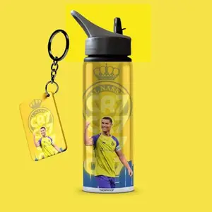 THEWHOOP Cristiano Ronaldo Printed Sipper 750 ml Aluminium Bottle & Keychain Combo with Holding Grip Feature | Gym & School Water Bottle Best Gift for CR7 / Football Sports Fans (Orange)