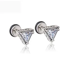 GadgetsDen Stainless Steel Carved Triangle Box Cubic Zirconia Inlay Ear Silver Color studs Earrings For Men & Women, 2pcs
