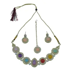 Womens Fashion Hub Gold Plated Ethnic Necklace Set with Multicolour Gemstones, Pendant Mangtika Earrings, for Women and Girl