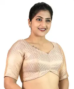 FIGURE'S DESIGNER Women's Brocade Floral Printed Elbow Half Sleeves Sweet Heart Neck Readymade Saree Blouse Butter Crepe Lining Indian Ethnic Designer Stitched Padded Top Copper Gold White B9 (Copper, 38)