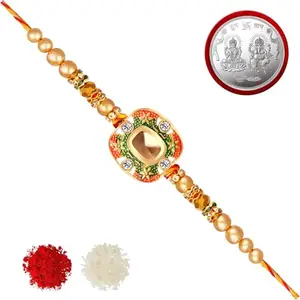 De Marquis 1 Designer Rakhi |1 Laxmi-Ganesh Pooja Coin | PF-02797 Pearl, Kundan, Mauli Thread Rakhee for Brother | Roli-Chawal | Best Wishes Greeting Card (Pack of 1 Rakhees)