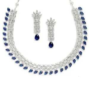 ZENEME Rhodium-Plated Blue and White American Diamond Stone-Studded Necklace with Earrings Jewellery Set for Women & Girls (Blue)