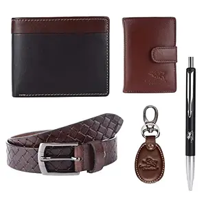 Leather Junction 5 in 1 Brown Leather Gift Set Wallet | Belt | Card Holder | Key Ring I Pen Combo (357050493072KH40)