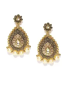 PANASH Gold Toned Off White Stone Studded Antique Wedding Drop Earrings for Girls/Women