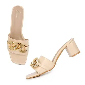 Padchin Women Embellished Square Toe Cream Block Heel