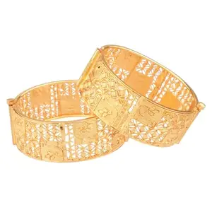 Efulgenz Engraved Hinge Openable Big Broad Gold Tone Dubai Style Bangles Bracelet for Women (2 Pcs) Size 2.6