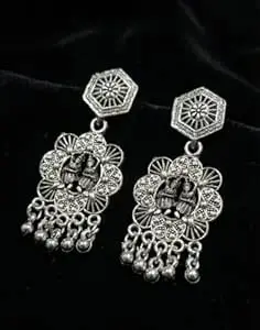 1 LOOK Traditional Oxidised Silver-Toned Jhumka Dangle Earrings with Hexagonal Studs, Floral Filigree Design, Beaded Tassel Drops, German Silver, 5 cm Length