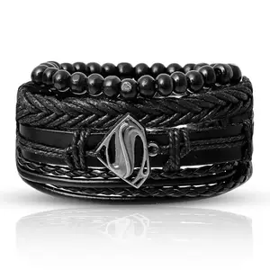 University Trendz PU Leather Superman Charm Multilayer Adjustable Bracelet for Men & Boys- Set of 4 (Black)
