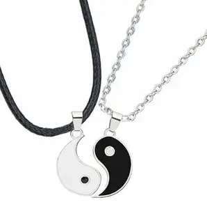 Uniqon Valentine's Day I Love You Magnetic Distance Broken Round Shape Taoism Yin Yang Tai Chi Day Night Fengshui Symbol Love Couple Promise 2 in 1 Duo Locket Pendant With Clavicle Chain & Rope