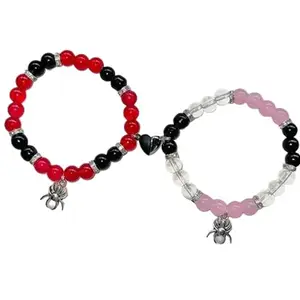 Beaded Bracelets with Spider Charm, Set of 2, Red and Pink