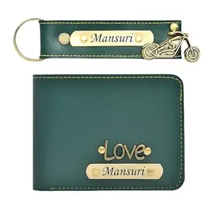 The Unique Gift Studio Men's Leather Wallet and Keychain Combo with Personalised Name and Logo on Wallet - Design 3, Green