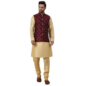 KRAFT INDIA Men's Silk Blend Beige Kurta, Churidar with Jacquard Silk Blend Floral Maroon Nehru Jacket Set (Size- Medium)