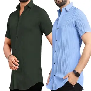 DDG Clothing Men's Half Sleeve Cotton Blend Solid Textured Slim Fit Shirt Combo (Mehandi & Sky Blue, Size: 4XL, Pack of 2)