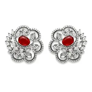 Karatcart Black Silver Plated Red Oval Cubic Zirconia Floral Design Stud Earrings for Women
